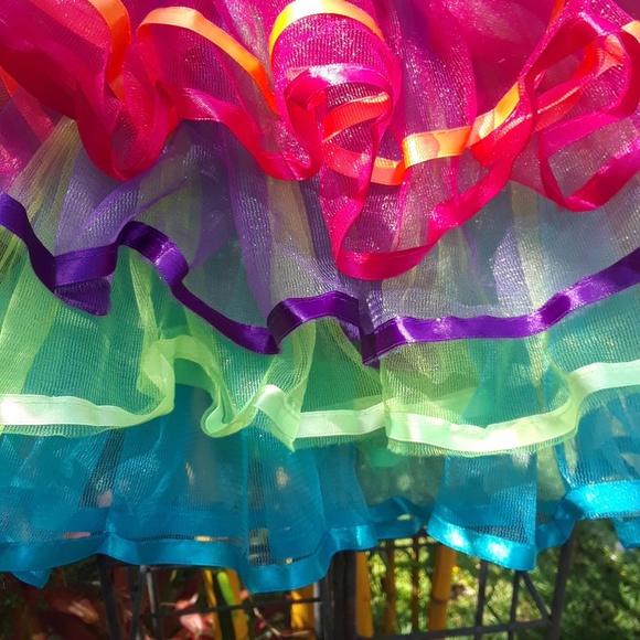 Tutu Skirt Tulle Ribbon Bright Rainbow Colors Prin - Picture 3 of 6